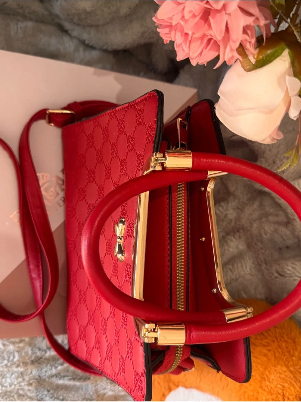 Red Structured Top-Handle Satchel with Gold Accent